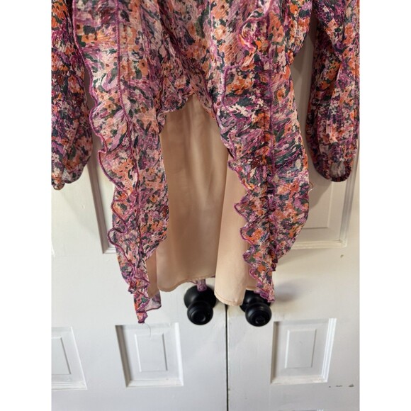 Lavender Brown Dress Smocked Long Sleeves Elastic Waist Tiered Floral Medium EUC - Picture 4 of 15